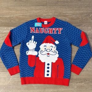 Ugly Christmas Sweater Party Naughty Santa Middle Finger Claus Blue Red Sweater
